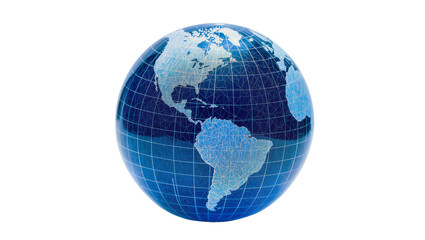 Obraz premium Glowing blue digital globe displaying continents of North and South America intricately detailed with wireframe grid, isolated on transparent background for global business