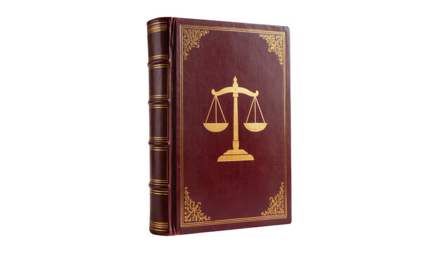 Antique burgundy leather-bound book with ornate gold detailing displaying a central golden scales of justice symbol, isolated on transparent background for legal concepts