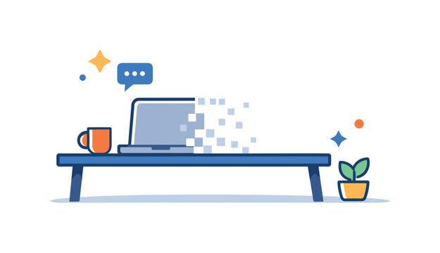 Remote worker invisibility daily disconnect expressed through a lone laptop on a desk fading into empty space, conveying isolation, reduced presence and being