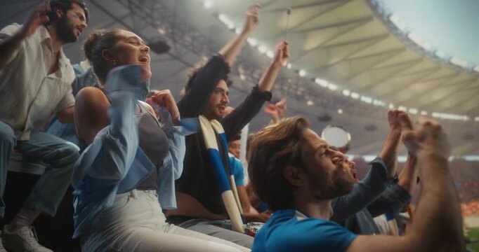 Happy Football Fans Cheer From Packed Stadium Stands During a Professional International League Match, With Close-up Portraits of Smiling Young Supporters Applauding and Watching the Action.