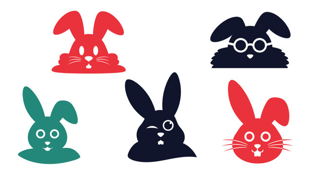 Set of five rabbit head silhouettes in various colors and styles with different eyes, glasses, and expressions on a white background.