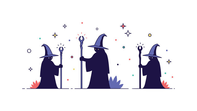 Evil sorcerers enchanted forest concept where shadowy figures wield magical staffs while tiny sparkle and star icons highlight villainy, power, and dark