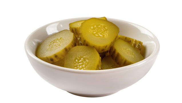 Round ceramic bowl filled with vibrant green dill pickle slices, perfectly arranged and isolated on transparent background for food advertising