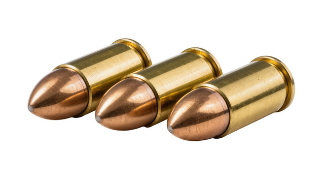 Three shiny brass 9mm Luger bullets with copper casings and pointed projectiles, isolated on transparent background for weapon design elements