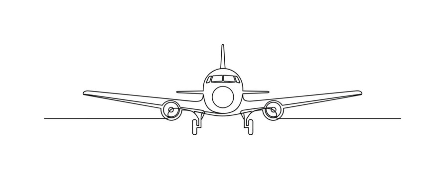 Travel Advertisement Poster. Minimalistic one-line drawing vintage airplane or train in retro poster style, continuous single black line on white background,