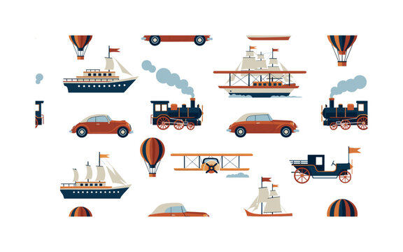 retro transport motifs seamless pattern, repeating pattern, surface design, textile print, modern illustration of vintage ships, classic automobiles, biplanes,