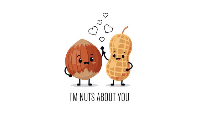 Adorable smiling hazelnut and peanut characters giving each other a high five with white hearts above their heads on white.