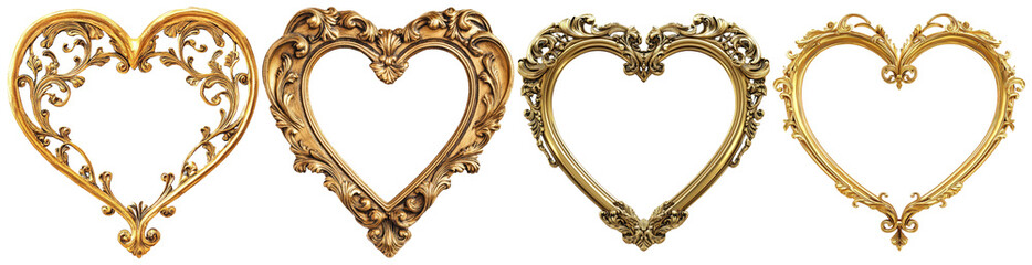 Elegant collection of ornate gold heart-shaped frames with intricate detailing. © NaturePNG