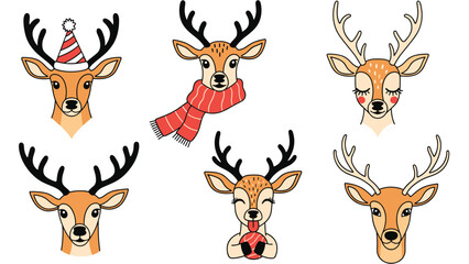 Naklejka premium Variety of six cute cartoon reindeer head illustrations with different expressions, scarves, and party hats isolated on a white background.