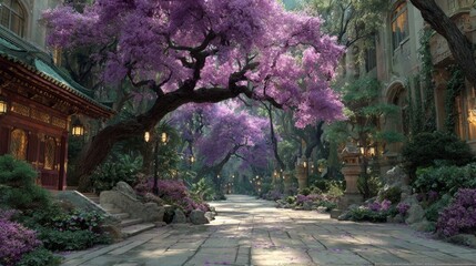 Fototapeta premium Spring reverie in a cherry blossom haven. Visual poster. Soft sakura drift: a subtle color shift in cherry blossom pathway. Poster graphics. Scifi poster.