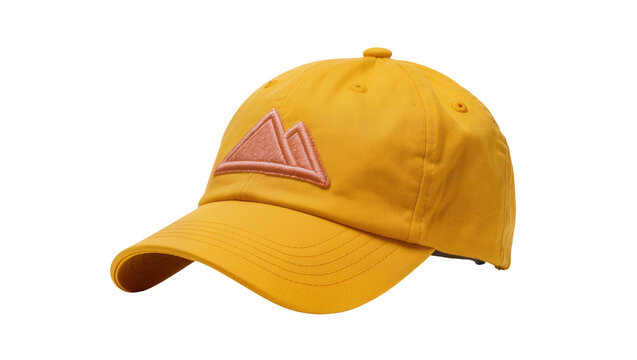Mustard yellow baseball cap with embroidered mountain range patch, isolated on transparent background for apparel mockups and branding designs