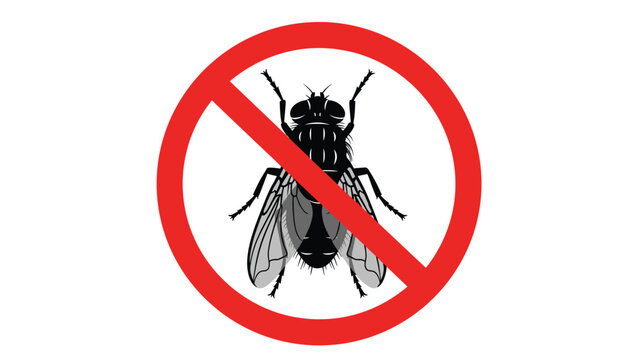 Red prohibition sign with a black fly silhouette in the center to represent a fly-free environment, hygiene standards, or pest control measures.
