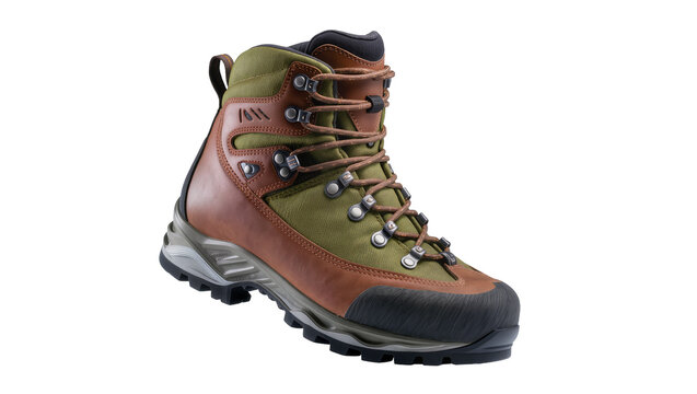 Sturdy olive green hiking boot with brown leather accents and durable black rubber sole, isolated on transparent background for outdoor gear catalogs