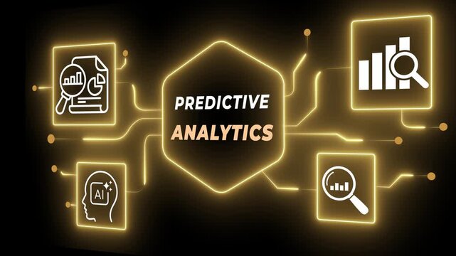 Predictive analytics concept on the black background. Data analysis, machine learning, artificial intelligence (AI) and statistical model.  Motion graphics of predictions future outcomes idea.