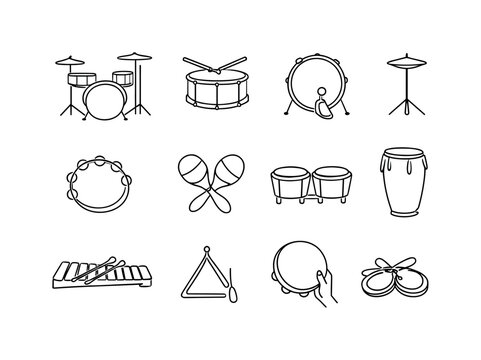 Percussion Instruments Set. Minimalistic set one-line drawing drum kit, snare drum, bass drum, cymbals, tambourine, maracas, bongos, conga drum, xylophone,