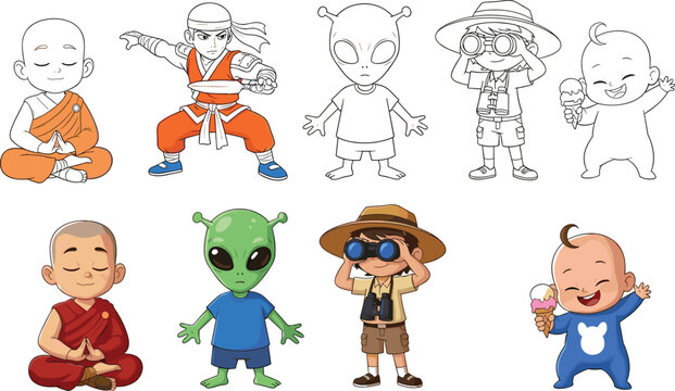 Cute Cartoon Character Set Vector Illustration with Monk, Ninja, Alien, Explorer and Baby Characters for Kids Design and Animation