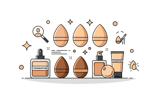 Foundation cosmetic kit scene where different shades of foundation are arranged with sponges while small sparkle and line icons highlight variety,