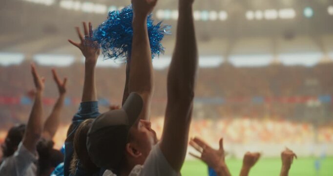 Diverse Happy Soccer Fans Celebrate Together in a Packed stadium Cheering for Their Team During a Professional League Match and Major International Tournament, With a Lively Crowd and Field View.