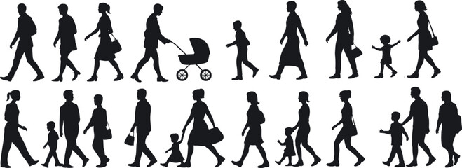 Fototapeta premium Silhouette of families walking with children and stroller, daily life movement concept, parenting, urban lifestyle, people in motion illustration set