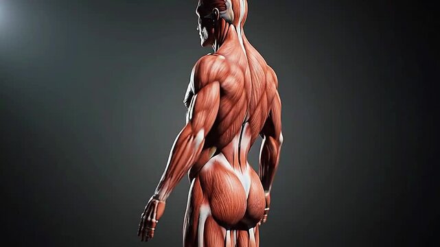 Human muscle anatomy model rotating 360 in dark studio