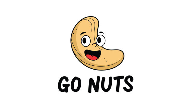 Joyful cartoon cashew nut character with a big smile and the text go nuts below on a clean white background.