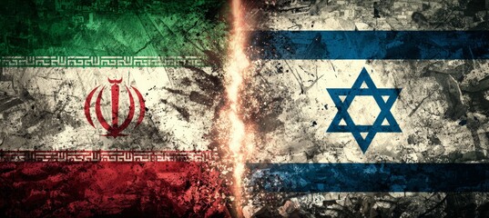 Obraz premium Tension between Israel and Iran flags on fire burst. Generative AI technology. 