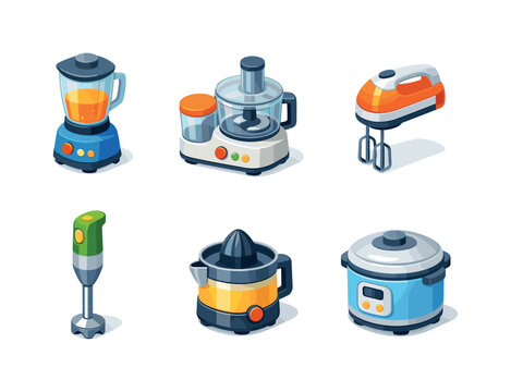Kitchen Gadgets. Isometric flat vector icons set of kitchen gadgets: blender, food processor, hand mixer, immersion blender, electric juicer, rice cooker.