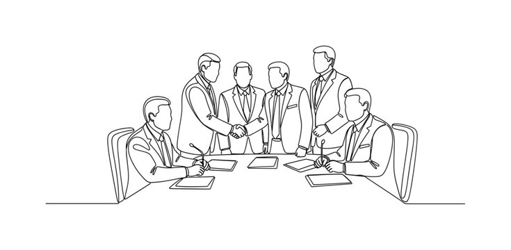 Peace Conference. Minimalistic one-line drawing diplomats shaking hands and discussing agreements, continuous single black line on white background, simple