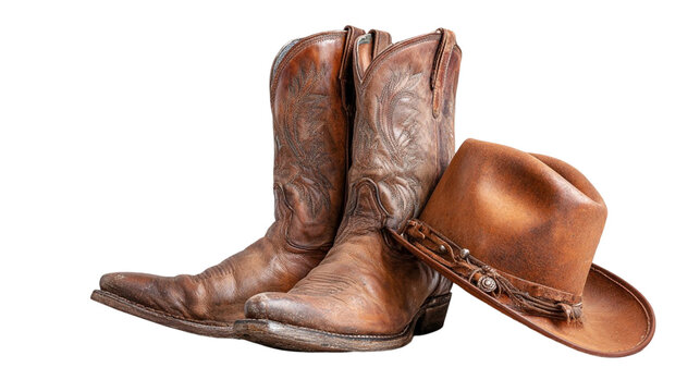 vintage cowboy hat and boots isolated on white background rustic western leather footwear classic ranch style fashion 