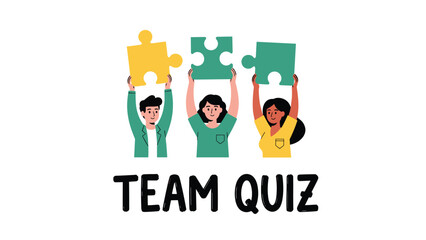 Fototapeta premium Team quiz graphic showing three diverse people holding up yellow, green, and blue jigsaw puzzle pieces to symbolize problem solving and teamwork.