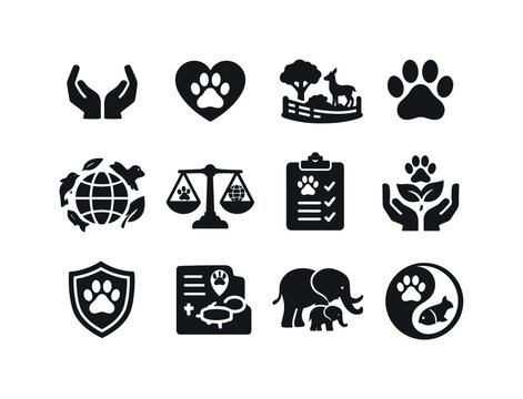 Animal Conservation. Solid icon set of Animal Conservation: conservation hands, heart with paw, wildlife reserve, animal footprint, biodiversity symbol, eco