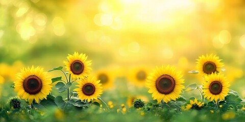 Obraz premium Bright Sunflower Field Under Warm Sunshine with Blurred Greenery in the Background on a Summer Day