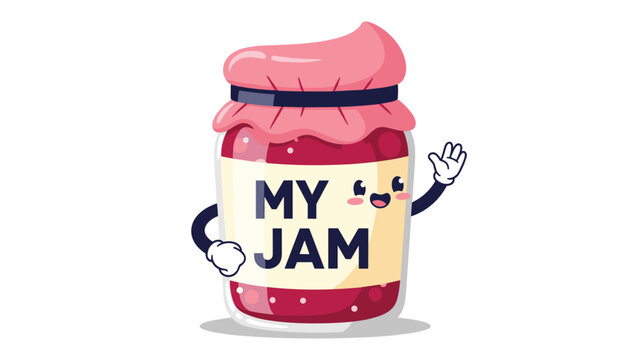 Happy cartoon jam jar character with a friendly face and waving hand stands behind the bold text my jam on a white background.