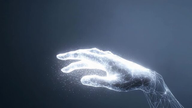 A video showcasing a hand made of particles floating in mid-air