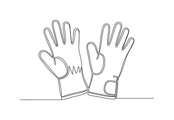 Obraz premium Protective Gloves. Minimalistic one-line drawing work gloves laid flat with fingers visible, continuous single black line on white background, simple outline