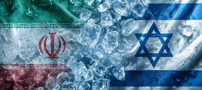 Flags of Israel and Iran side by side with ice effect. Country tension or rivalry reduce. Generative AI technology.