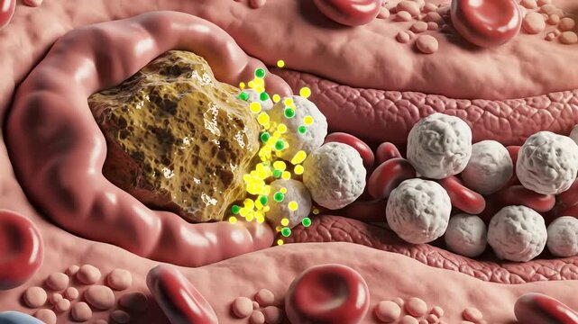 Local tissue releases inflammatory mediators, shown as glowing chemical signals surrounding the crystal. Nearby blood vessels dilate slightly and immune cells gather