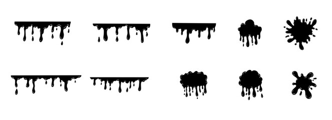Fototapeta premium Black smooth ink shiny blob form set. Splash with glossy drops, round abstract shapes silhouette liquid. Soft fluid organic puddle border, frame. Current drops. Ink Paint fall down liquid.
