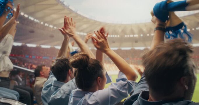 Happy Football Fans Cheer in a Packed Stadium During an International League Championship Match, With Close-up Portraits of Diverse Men and Women Celebrating Team Win on World Sports Event.