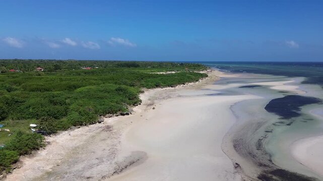 Cinematic drone view of a pristine white sandbank at low tide surrounded by crystal clear water and dense green tropical nature creating a serene and untouched coastal landscape, Philippines Bantayan