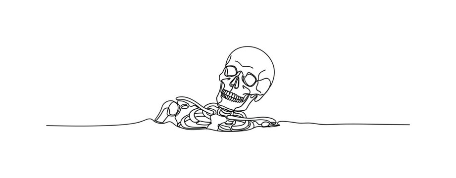 Human Remains. Minimalistic one-line drawing partially buried human skeleton, continuous single black line on white background, simple outline style, no