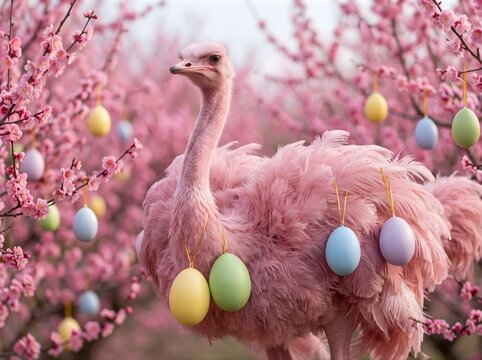 Surreales Bild eines rosafarbenen Strau&szlig;es mit pastellfarbenen Ostereier.