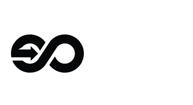 Black Infinity Symbol with Arrow on White Background.