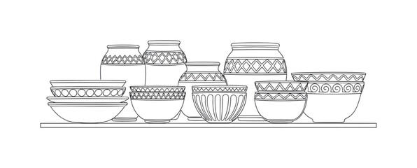 Fototapeta premium Home Decor Pottery. Minimalistic one-line drawing assortment of decorative ceramic bowls and pots on shelf, continuous single black line on white background,