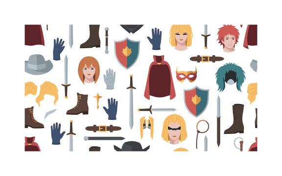 cosplay elements seamless pattern, repeating pattern, surface design, textile print, modern illustration of swords, shields, wigs, masks, gloves, boots, capes,