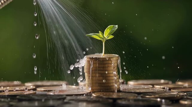 硬貨の稜線を接写し若芽と散水の微細な動きを強調した視点