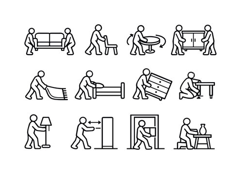Furniture movement actions. Line icon set of Furniture movement actions: lifting sofa, sliding chair, rotating table, carrying cabinet, dragging rug, pushing