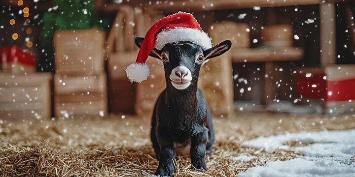 Adorable Goat Wearing Santa Hat on a Farm, Surrounded by Festive Decorations for Christmas Cheer