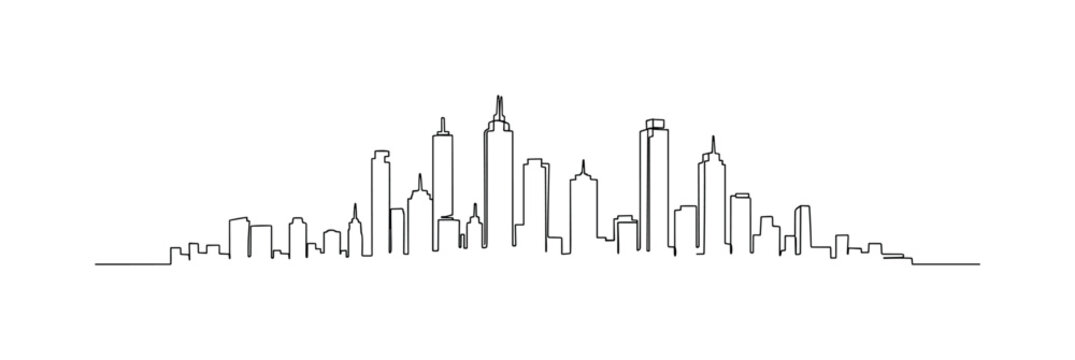 Cityscape Horizon. Minimalistic one-line drawing horizon with multiple skyscrapers and buildings, continuous single black line on white background, simple