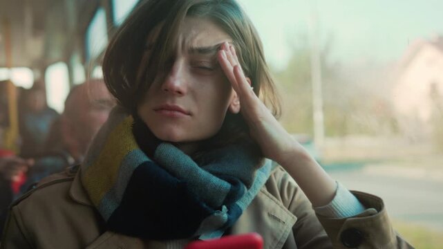 Young woman on bus reacting stressfully, An uneasy woman on public transportation dealing with distressing news